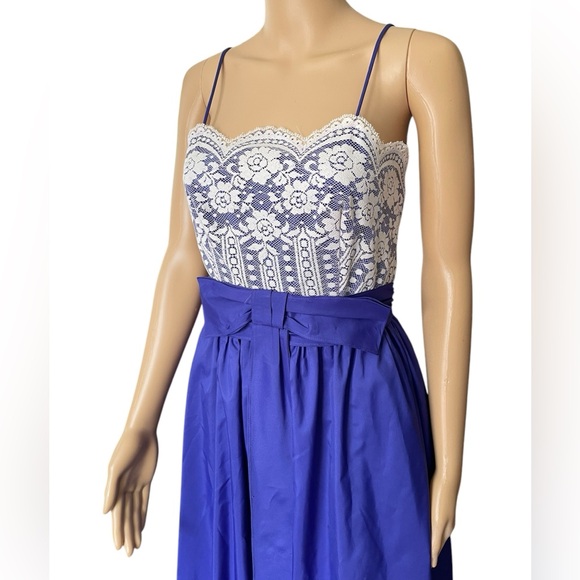 Vintage 60s Purple White Romantic Floral Lace Bow Evening Prom Formal Maxi Dress - Picture 2 of 6